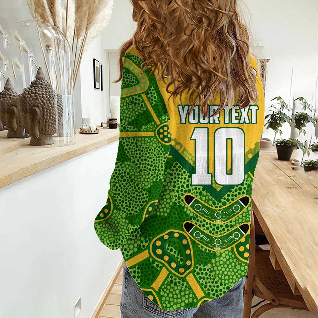 Personalized Australian Jackaroo Lawn Bowls Women Casual Shirt Kangaroo Athlete Indigenous Pattern Green Yellow Sports Mascot