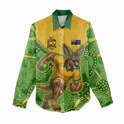 Personalized Australian Jackaroo Lawn Bowls Women Casual Shirt Kangaroo Athlete Indigenous Pattern Green Yellow Sports Mascot
