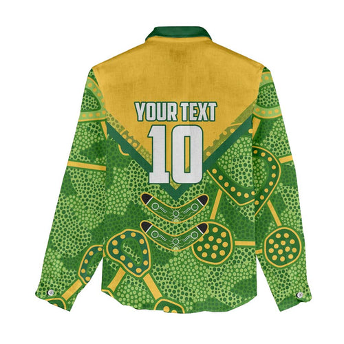 Personalized Australian Jackaroo Lawn Bowls Women Casual Shirt Kangaroo Athlete Indigenous Pattern Green Yellow Sports Mascot
