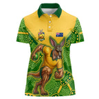 Personalized Australian Jackaroo Lawn Bowls Women Polo Shirt Kangaroo Athlete Indigenous Pattern Green Yellow Sports Mascot