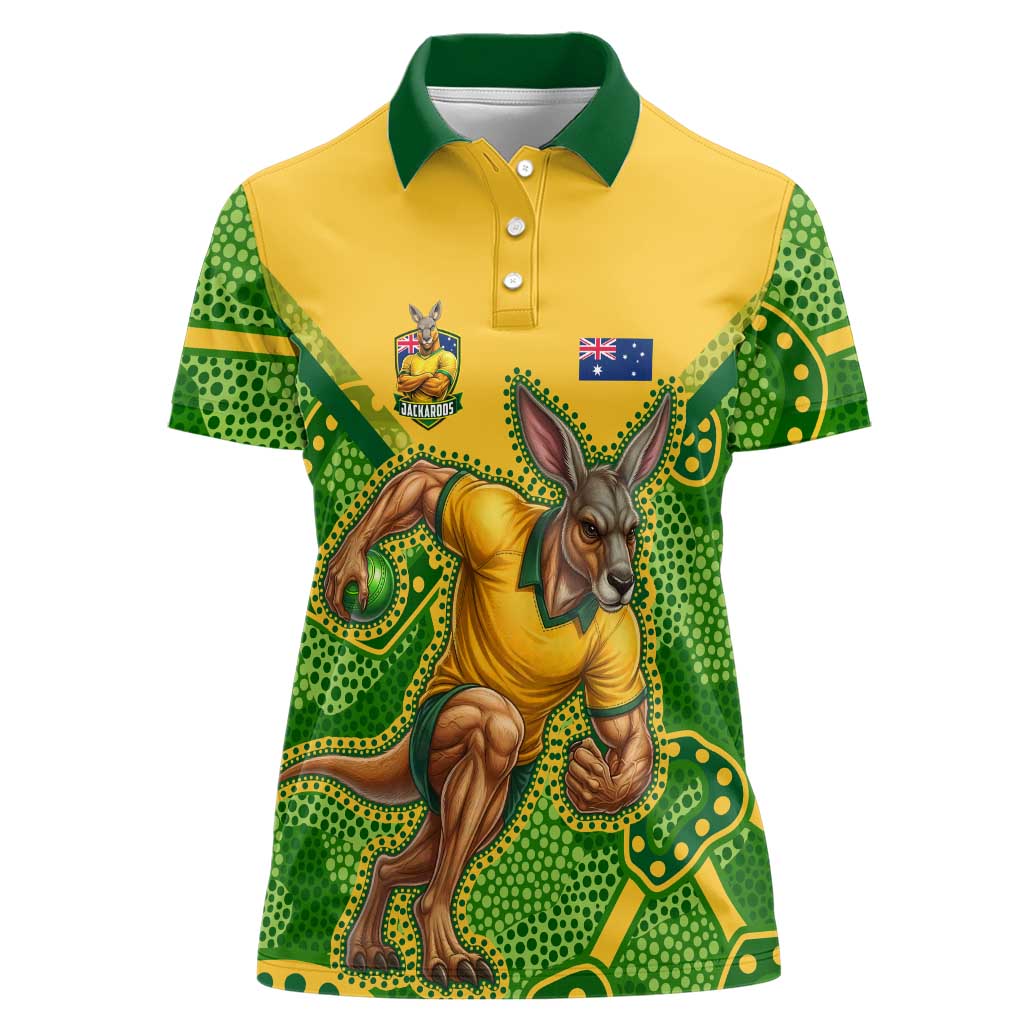 Personalized Australian Jackaroo Lawn Bowls Women Polo Shirt Kangaroo Athlete Indigenous Pattern Green Yellow Sports Mascot