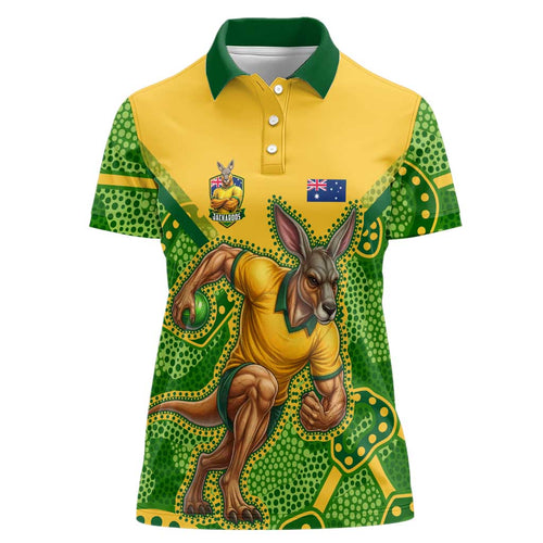 Personalized Australian Jackaroo Lawn Bowls Women Polo Shirt Kangaroo Athlete Indigenous Pattern Green Yellow Sports Mascot
