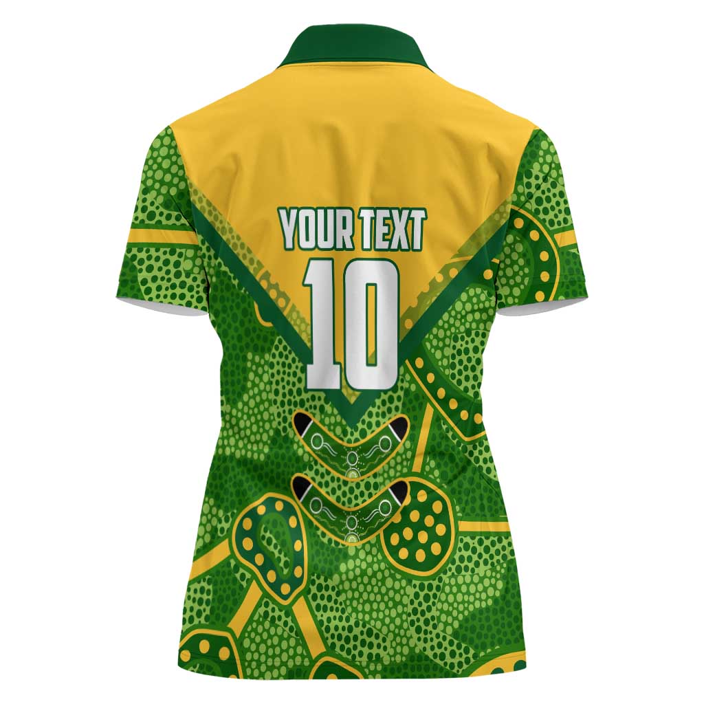 Personalized Australian Jackaroo Lawn Bowls Women Polo Shirt Kangaroo Athlete Indigenous Pattern Green Yellow Sports Mascot