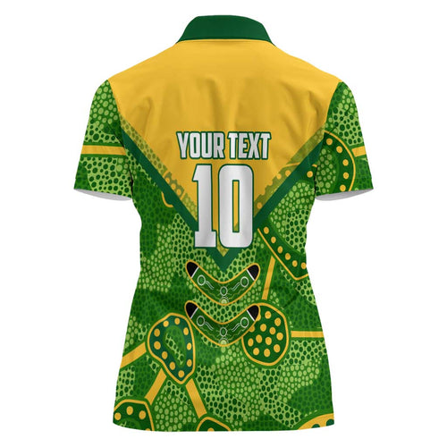 Personalized Australian Jackaroo Lawn Bowls Women Polo Shirt Kangaroo Athlete Indigenous Pattern Green Yellow Sports Mascot