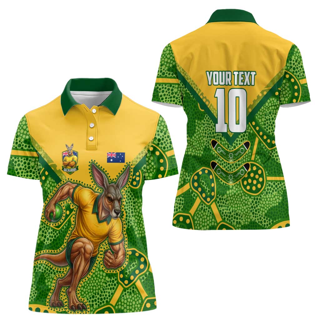 Personalized Australian Jackaroo Lawn Bowls Women Polo Shirt Kangaroo Athlete Indigenous Pattern Green Yellow Sports Mascot
