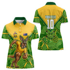 Personalized Australian Jackaroo Lawn Bowls Women Polo Shirt Kangaroo Athlete Indigenous Pattern Green Yellow Sports Mascot