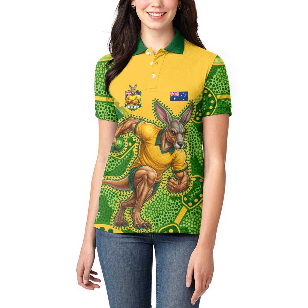 Personalized Australian Jackaroo Lawn Bowls Women Polo Shirt Kangaroo Athlete Indigenous Pattern Green Yellow Sports Mascot