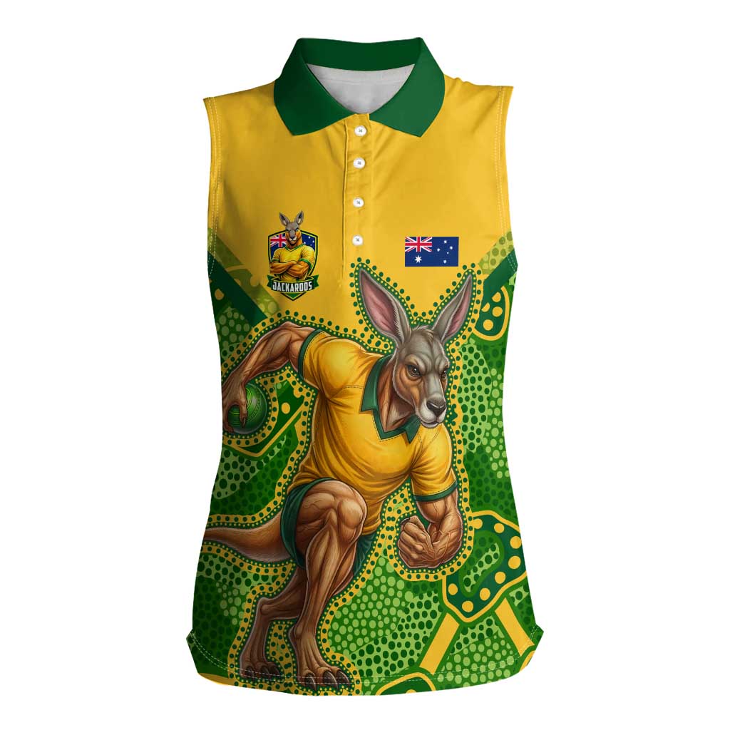Personalized Australian Jackaroo Lawn Bowls Women Sleeveless Polo Shirt Kangaroo Athlete Indigenous Pattern Green Yellow Sports Mascot