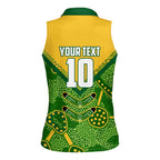 Personalized Australian Jackaroo Lawn Bowls Women Sleeveless Polo Shirt Kangaroo Athlete Indigenous Pattern Green Yellow Sports Mascot