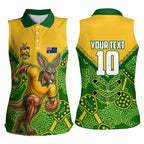 Personalized Australian Jackaroo Lawn Bowls Women Sleeveless Polo Shirt Kangaroo Athlete Indigenous Pattern Green Yellow Sports Mascot