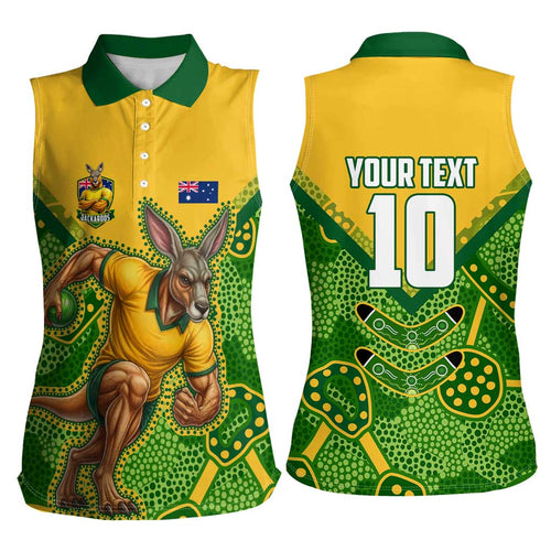 Personalized Australian Jackaroo Lawn Bowls Women Sleeveless Polo Shirt Kangaroo Athlete Indigenous Pattern Green Yellow Sports Mascot