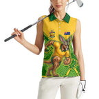 Personalized Australian Jackaroo Lawn Bowls Women Sleeveless Polo Shirt Kangaroo Athlete Indigenous Pattern Green Yellow Sports Mascot