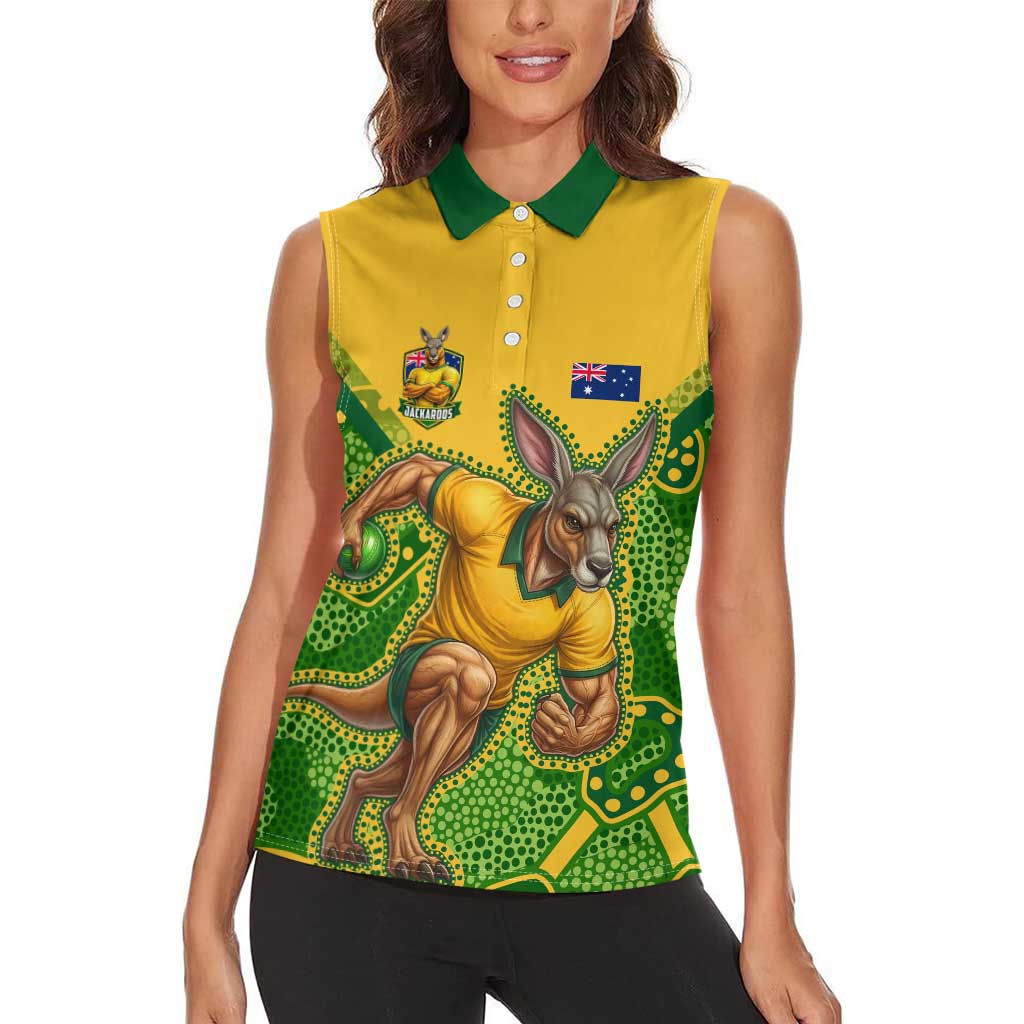 Personalized Australian Jackaroo Lawn Bowls Women Sleeveless Polo Shirt Kangaroo Athlete Indigenous Pattern Green Yellow Sports Mascot