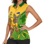Personalized Australian Jackaroo Lawn Bowls Women Sleeveless Polo Shirt Kangaroo Athlete Indigenous Pattern Green Yellow Sports Mascot