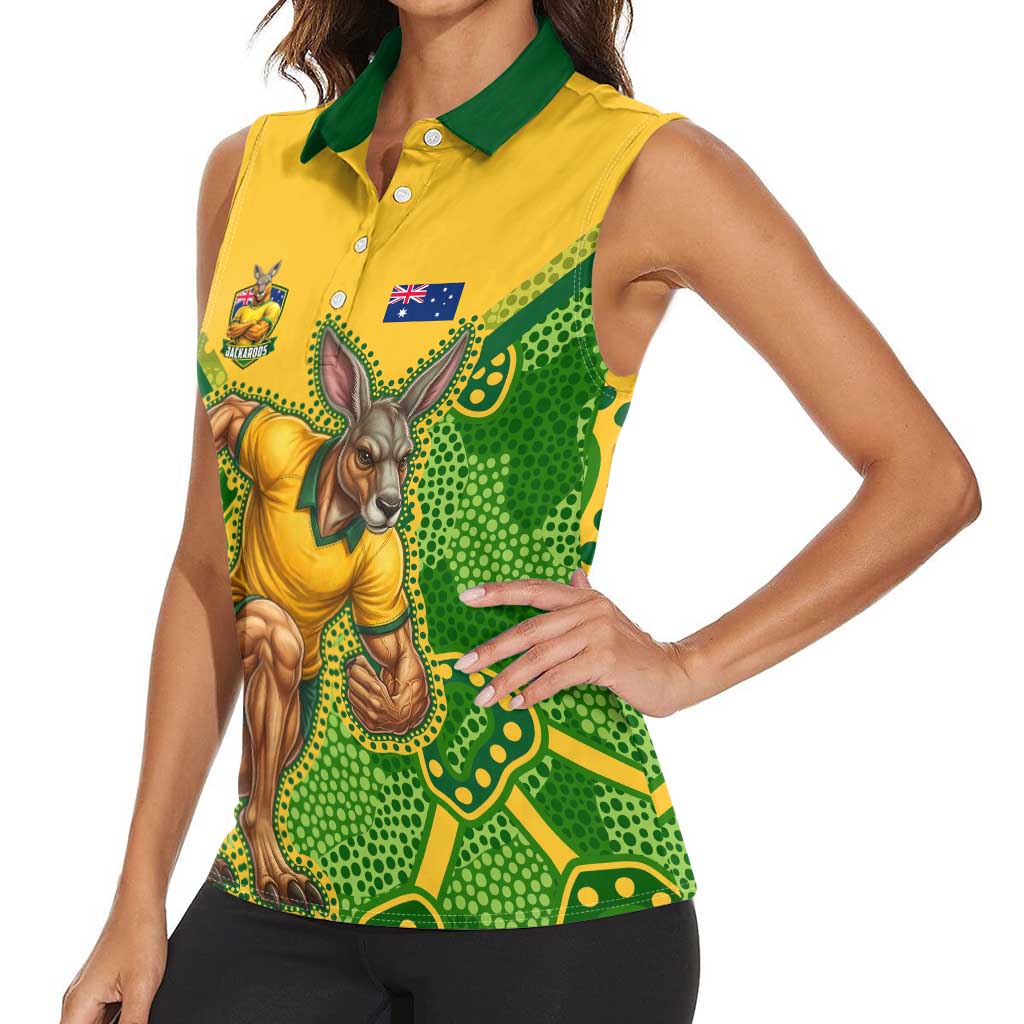 Personalized Australian Jackaroo Lawn Bowls Women Sleeveless Polo Shirt Kangaroo Athlete Indigenous Pattern Green Yellow Sports Mascot