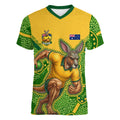 Personalized Australian Jackaroo Lawn Bowls Women V-Neck T-Shirt Kangaroo Athlete Indigenous Pattern Green Yellow Sports Mascot