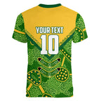 Personalized Australian Jackaroo Lawn Bowls Women V-Neck T-Shirt Kangaroo Athlete Indigenous Pattern Green Yellow Sports Mascot