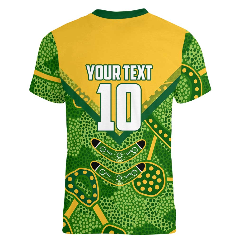 Personalized Australian Jackaroo Lawn Bowls Women V-Neck T-Shirt Kangaroo Athlete Indigenous Pattern Green Yellow Sports Mascot