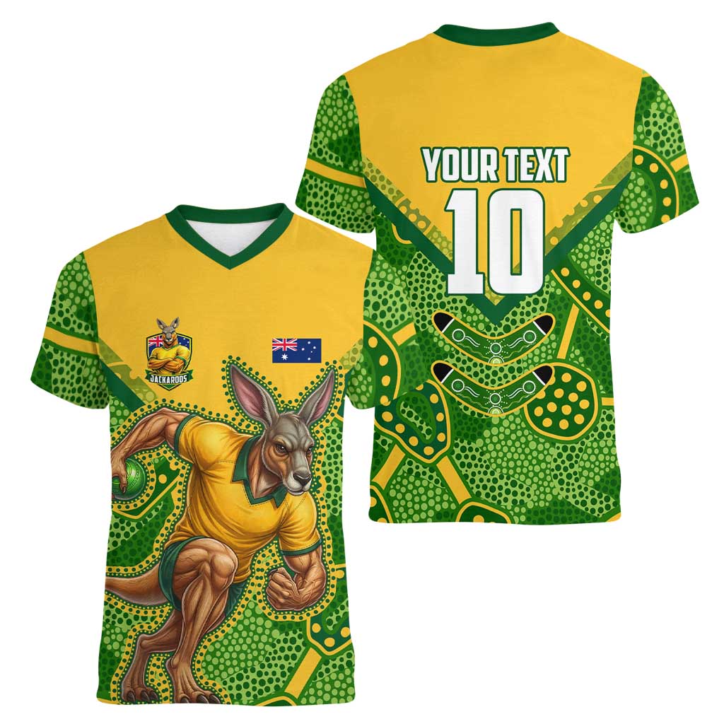 Personalized Australian Jackaroo Lawn Bowls Women V-Neck T-Shirt Kangaroo Athlete Indigenous Pattern Green Yellow Sports Mascot