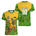 Personalized Australian Jackaroo Lawn Bowls Women V-Neck T-Shirt Kangaroo Athlete Indigenous Pattern Green Yellow Sports Mascot