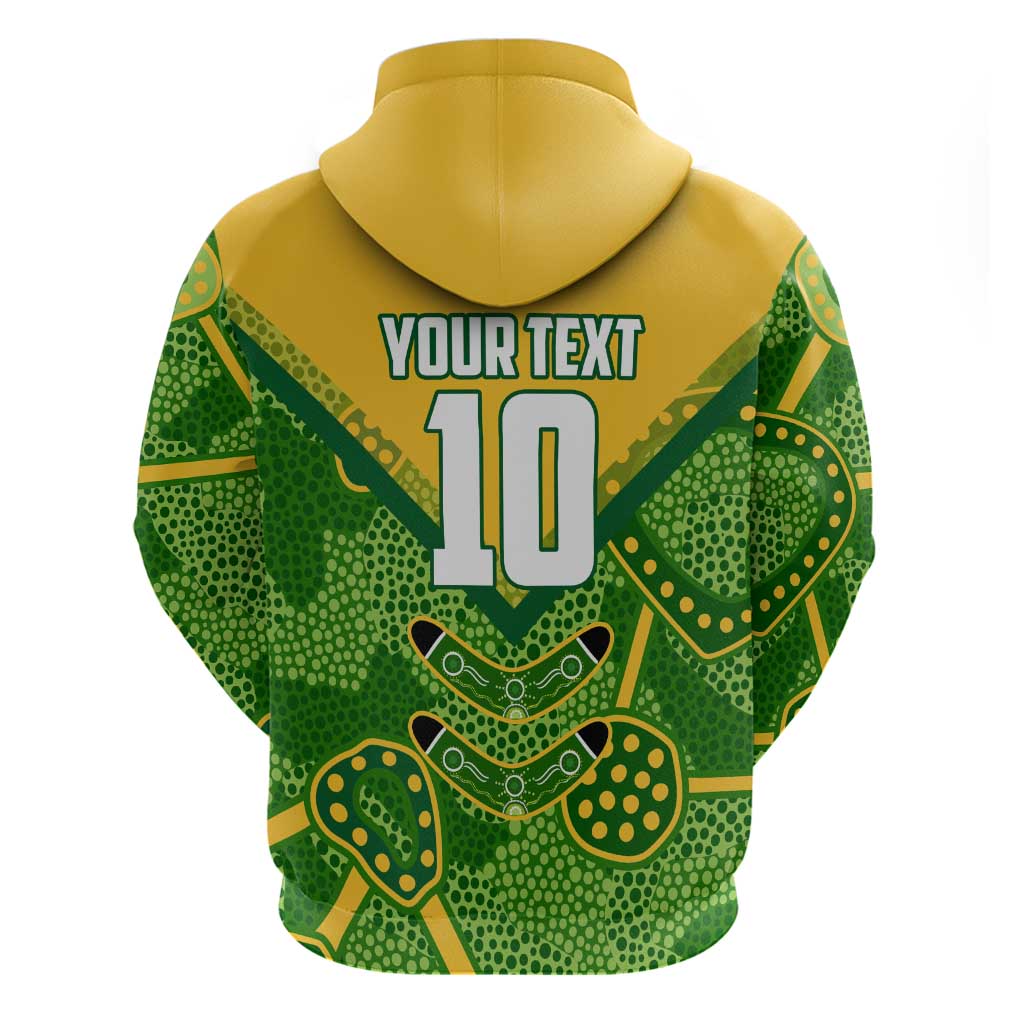 Personalized Australian Jackaroo Lawn Bowls Zip Hoodie Kangaroo Athlete Indigenous Pattern Green Yellow Sports Mascot