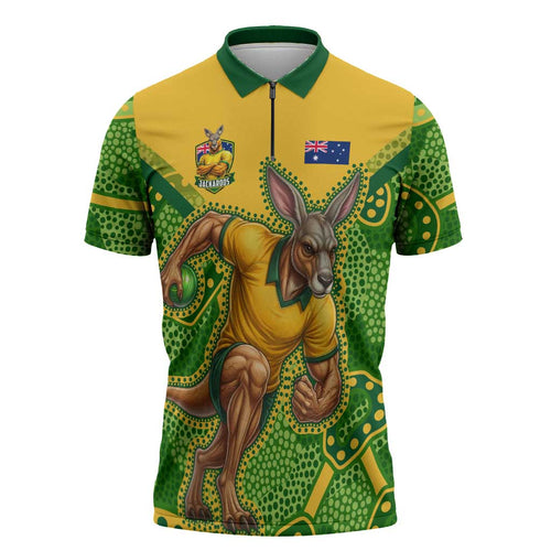 Personalized Australian Jackaroo Lawn Bowls Zipper Polo Shirt Kangaroo Athlete Indigenous Pattern Green Yellow Sports Mascot