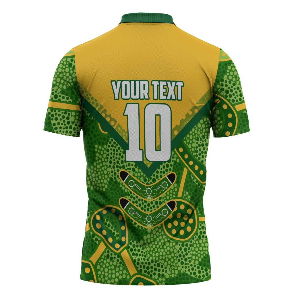 Personalized Australian Jackaroo Lawn Bowls Zipper Polo Shirt Kangaroo Athlete Indigenous Pattern Green Yellow Sports Mascot