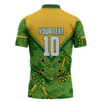 Personalized Australian Jackaroo Lawn Bowls Zipper Polo Shirt Kangaroo Athlete Indigenous Pattern Green Yellow Sports Mascot