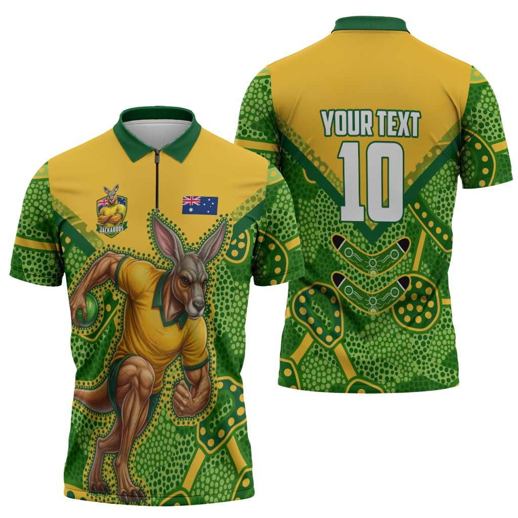 Personalized Australian Jackaroo Lawn Bowls Zipper Polo Shirt Kangaroo Athlete Indigenous Pattern Green Yellow Sports Mascot