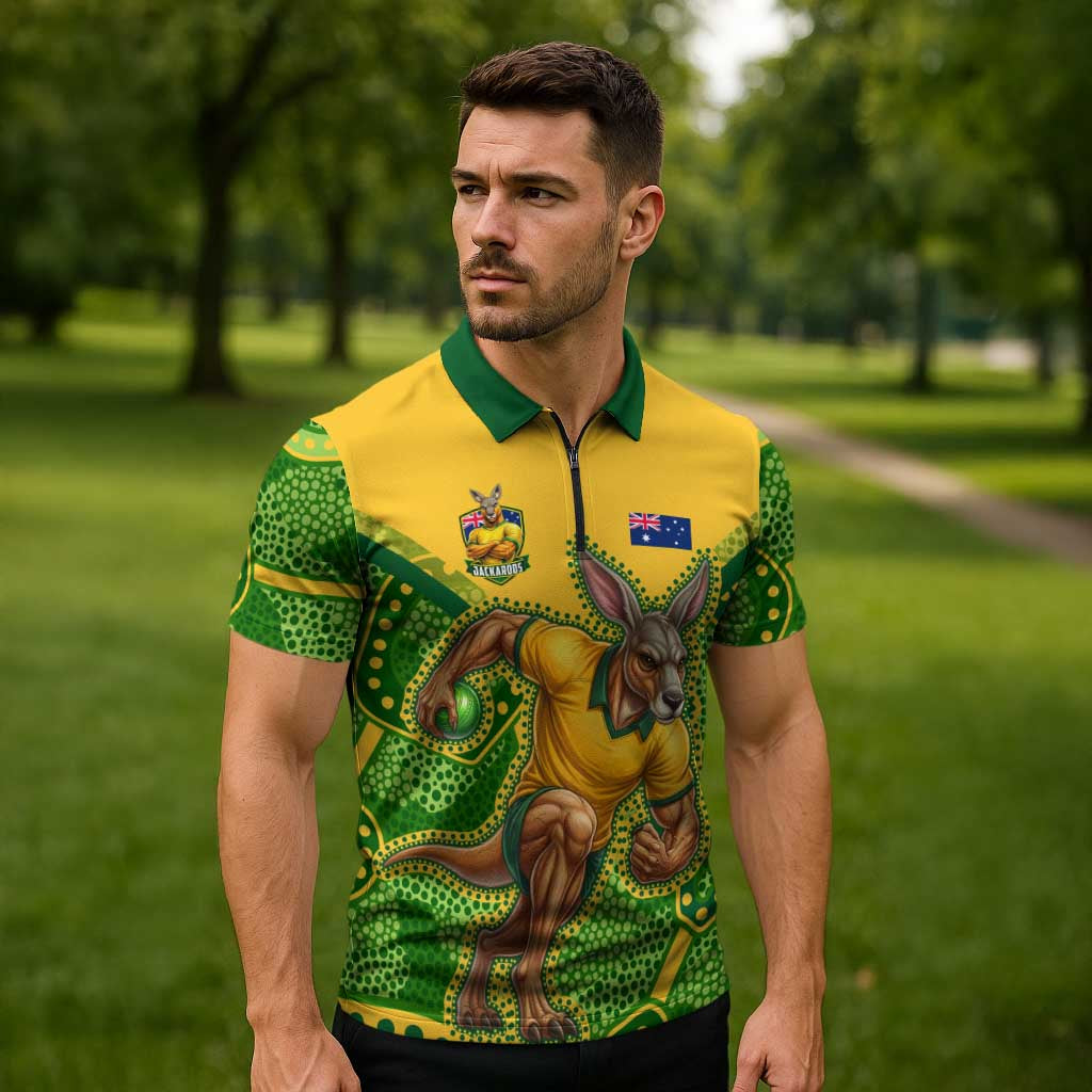 Personalized Australian Jackaroo Lawn Bowls Zipper Polo Shirt Kangaroo Athlete Indigenous Pattern Green Yellow Sports Mascot