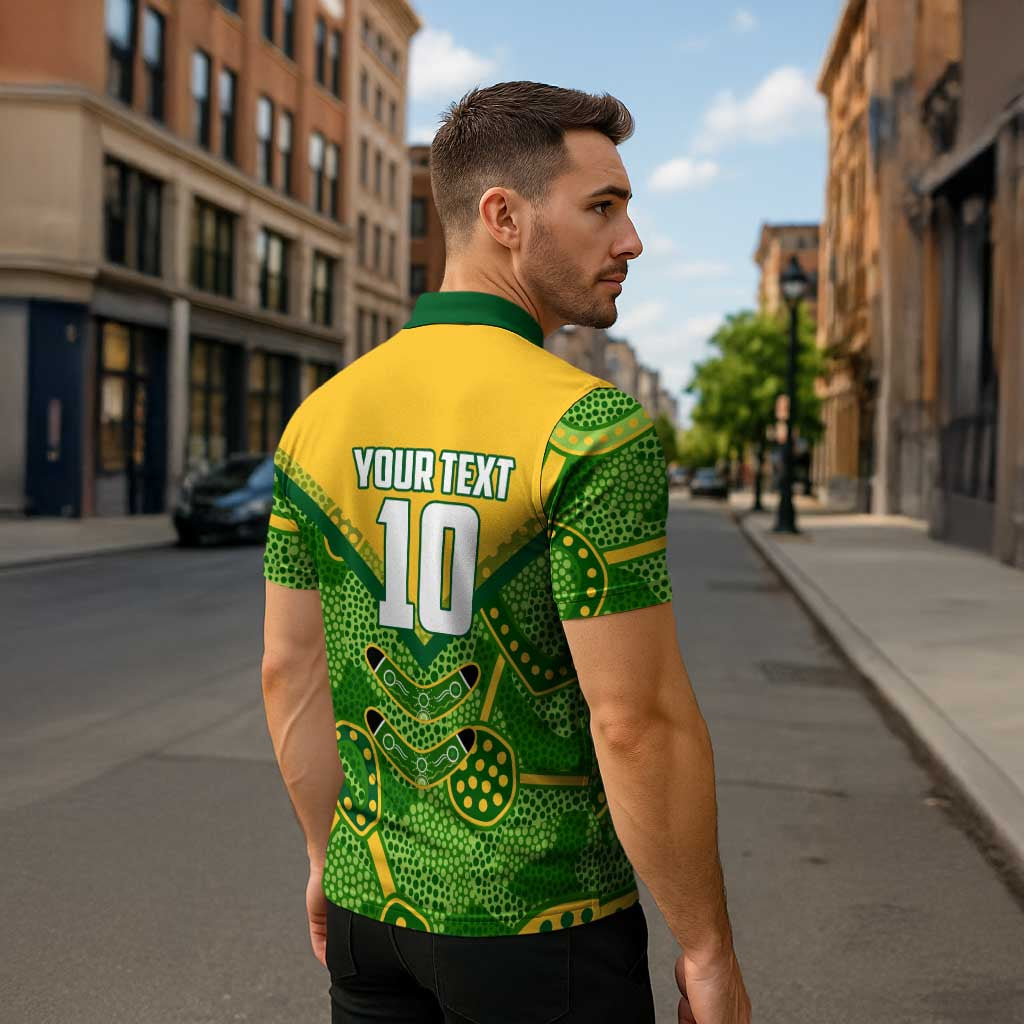 Personalized Australian Jackaroo Lawn Bowls Zipper Polo Shirt Kangaroo Athlete Indigenous Pattern Green Yellow Sports Mascot