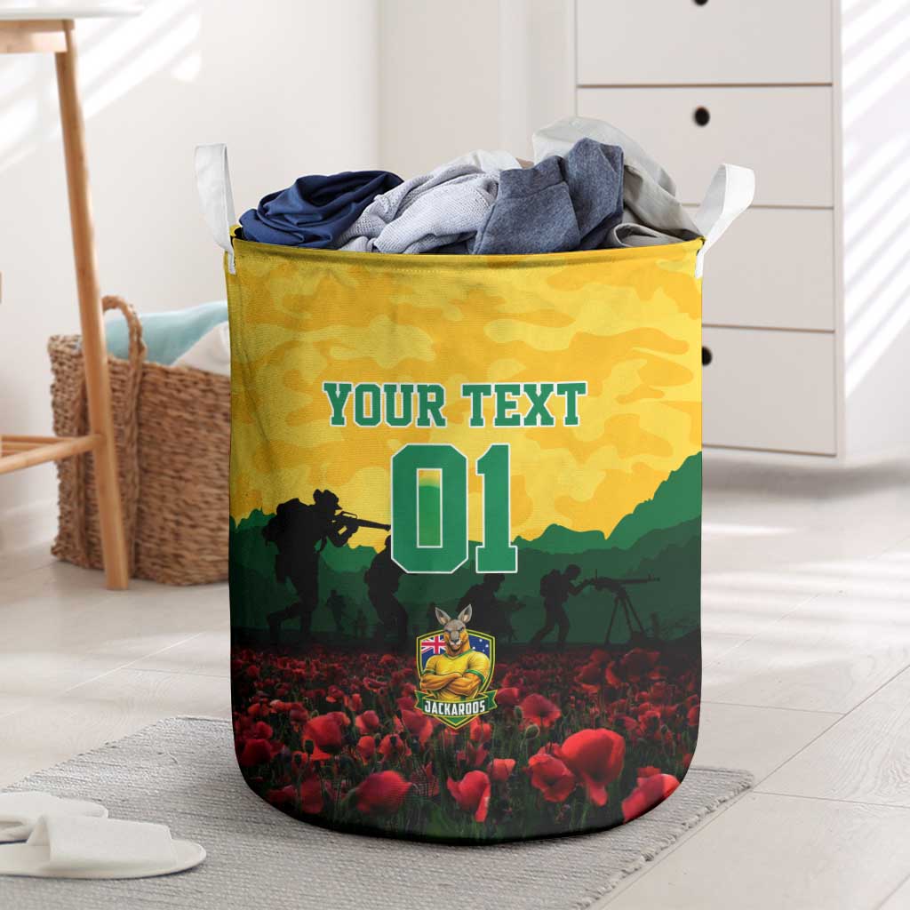 Personalized Australian Jackaroos ANZAC Laundry Basket Poppy Field Soldiers Silhouette Sunset Commemorative Design