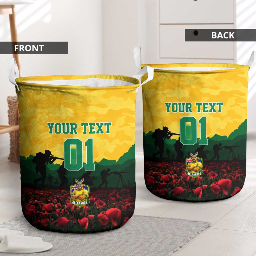 Personalized Australian Jackaroos ANZAC Laundry Basket Poppy Field Soldiers Silhouette Sunset Commemorative Design