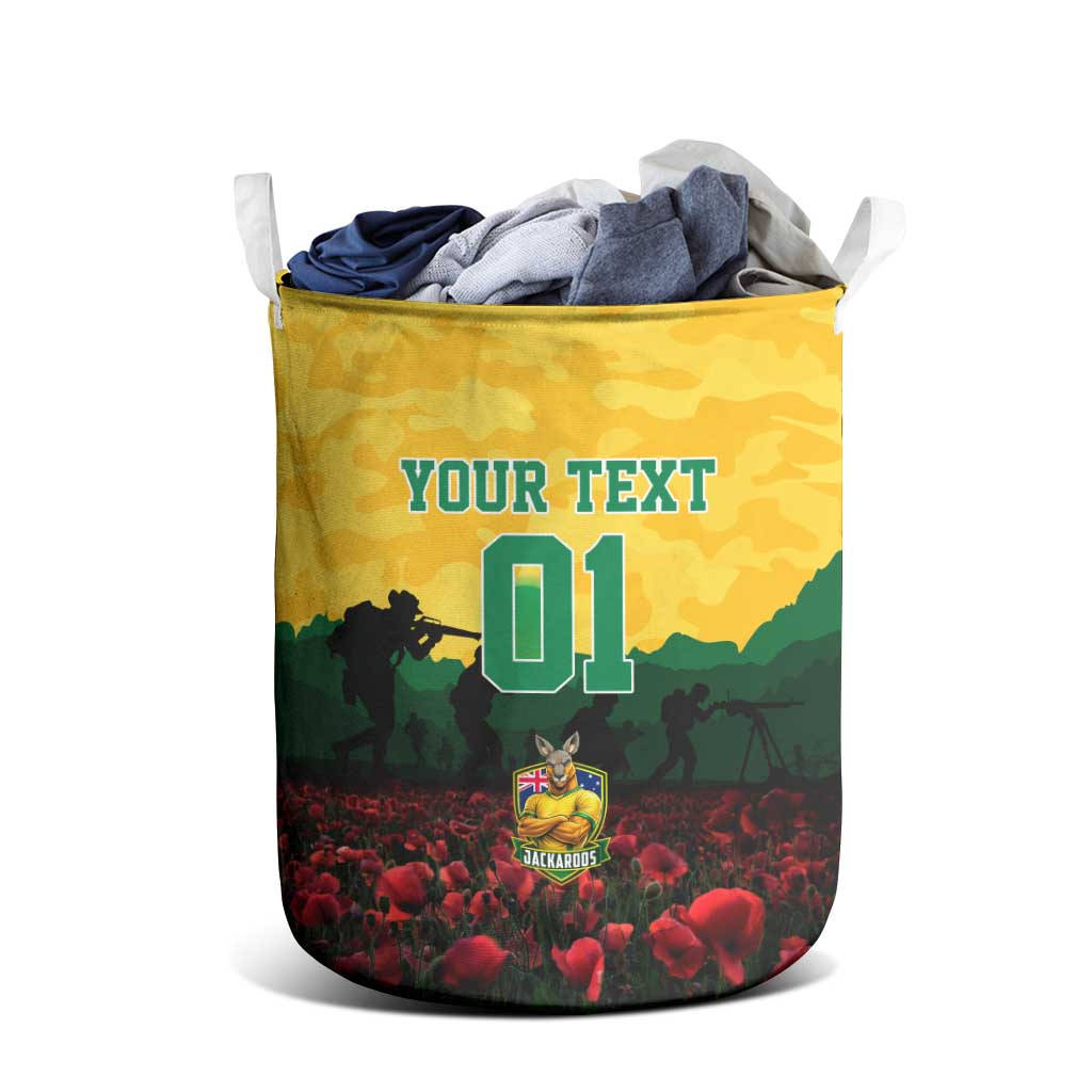 Personalized Australian Jackaroos ANZAC Laundry Basket Poppy Field Soldiers Silhouette Sunset Commemorative Design