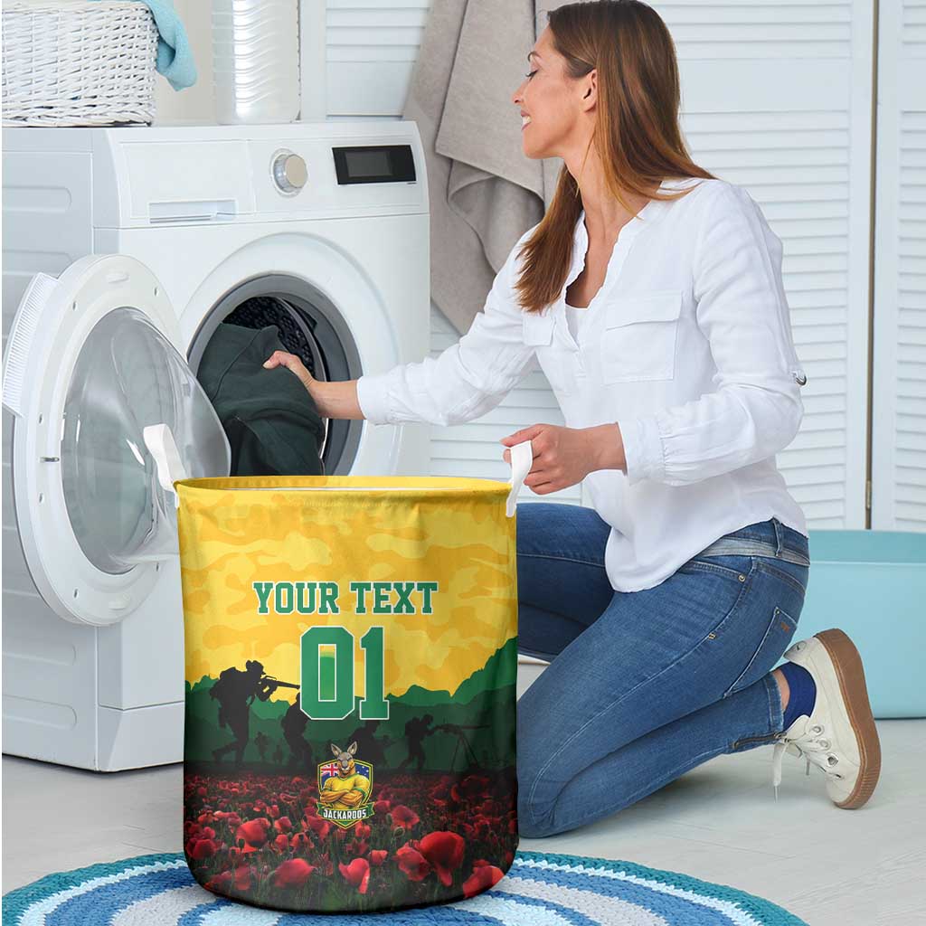 Personalized Australian Jackaroos ANZAC Laundry Basket Poppy Field Soldiers Silhouette Sunset Commemorative Design