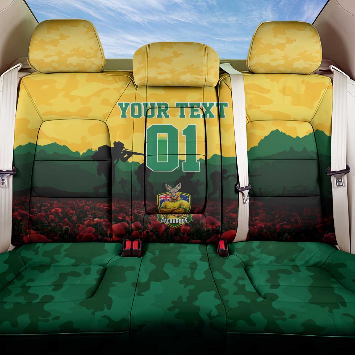 Personalized Australian Jackaroos ANZAC Back Car Seat Cover Poppy Field Soldiers Silhouette Sunset Commemorative Design