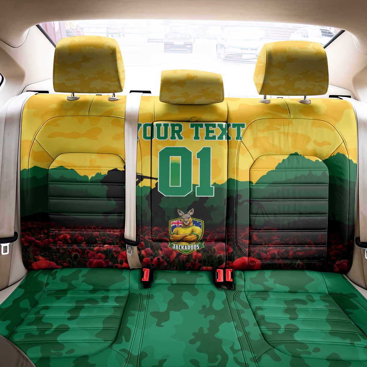 Personalized Australian Jackaroos ANZAC Back Car Seat Cover Poppy Field Soldiers Silhouette Sunset Commemorative Design