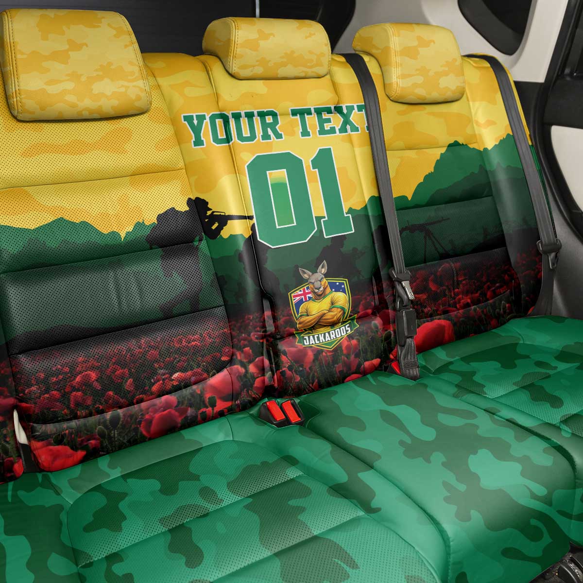 Personalized Australian Jackaroos ANZAC Back Car Seat Cover Poppy Field Soldiers Silhouette Sunset Commemorative Design