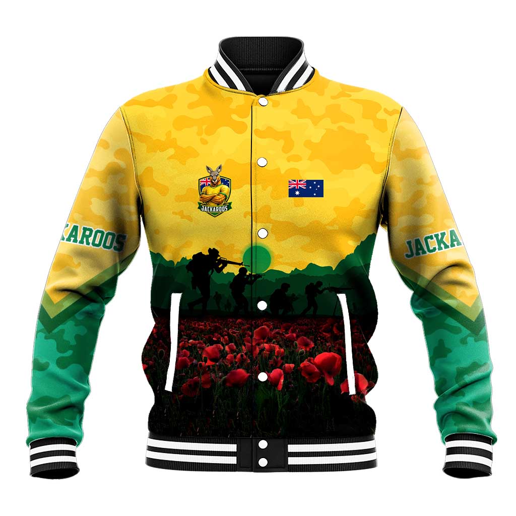 Personalized Australian Jackaroos ANZAC Baseball Jacket Poppy Field Soldiers Silhouette Sunset Commemorative Design