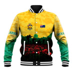 Personalized Australian Jackaroos ANZAC Baseball Jacket Poppy Field Soldiers Silhouette Sunset Commemorative Design