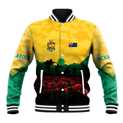 Personalized Australian Jackaroos ANZAC Baseball Jacket Poppy Field Soldiers Silhouette Sunset Commemorative Design