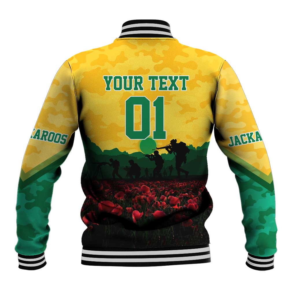 Personalized Australian Jackaroos ANZAC Baseball Jacket Poppy Field Soldiers Silhouette Sunset Commemorative Design