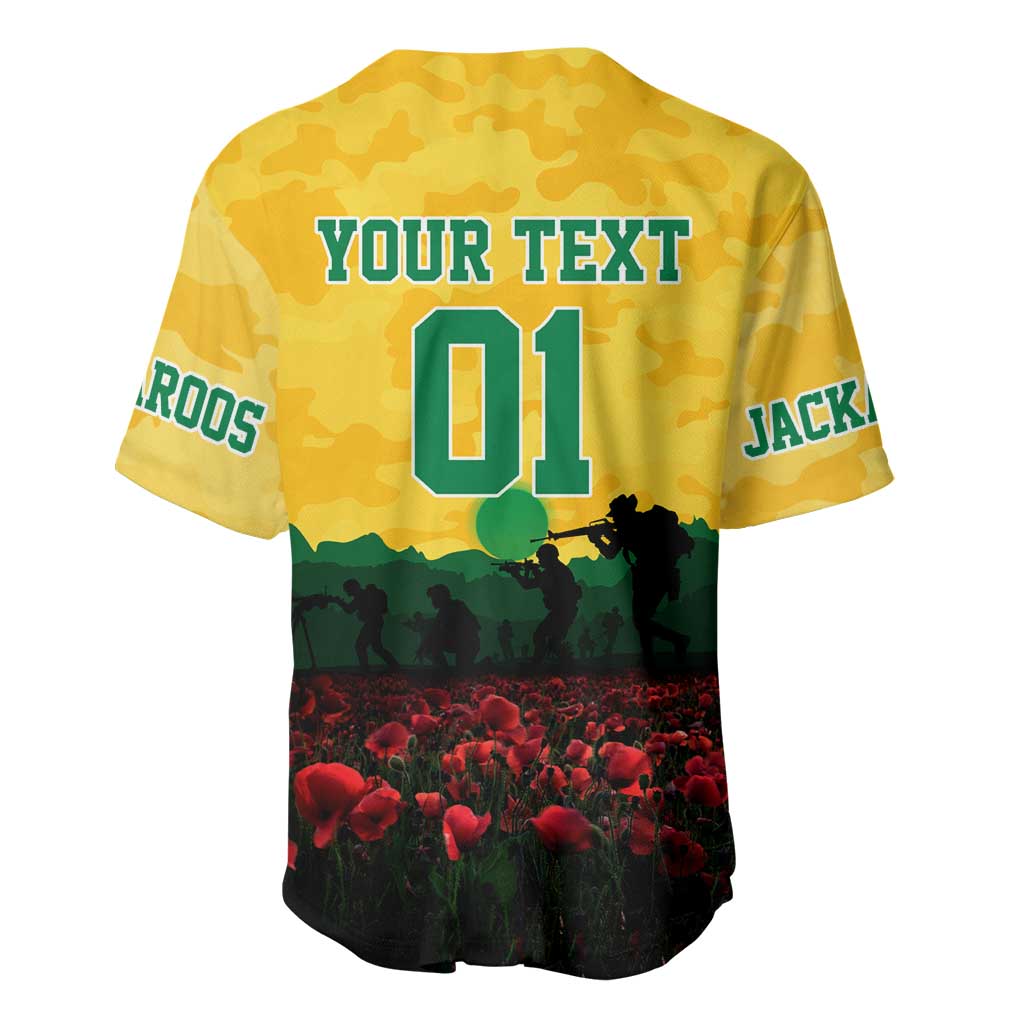 Personalized Australian Jackaroos ANZAC Baseball Jersey Poppy Field Soldiers Silhouette Sunset Commemorative Design