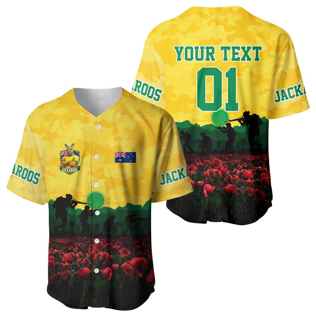 Personalized Australian Jackaroos ANZAC Baseball Jersey Poppy Field Soldiers Silhouette Sunset Commemorative Design