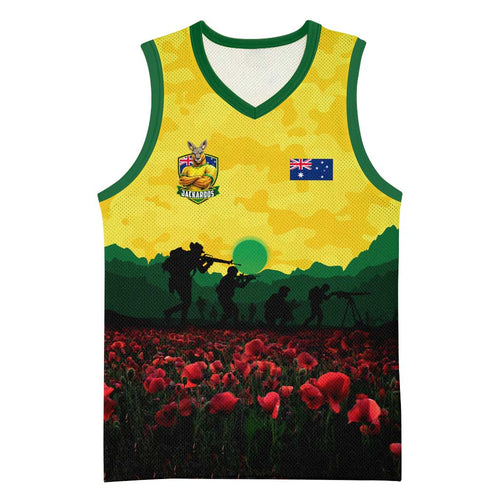 Personalized Australian Jackaroos ANZAC Basketball Jersey Poppy Field Soldiers Silhouette Sunset Commemorative Design