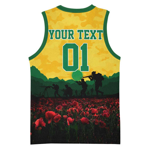 Personalized Australian Jackaroos ANZAC Basketball Jersey Poppy Field Soldiers Silhouette Sunset Commemorative Design