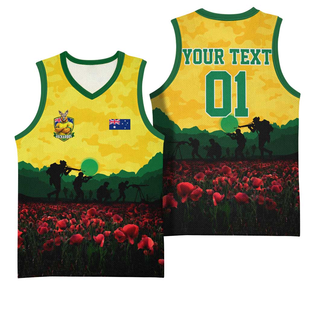 Personalized Australian Jackaroos ANZAC Basketball Jersey Poppy Field Soldiers Silhouette Sunset Commemorative Design
