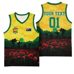 Personalized Australian Jackaroos ANZAC Basketball Jersey Poppy Field Soldiers Silhouette Sunset Commemorative Design
