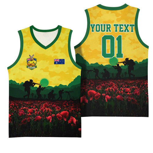 Personalized Australian Jackaroos ANZAC Basketball Jersey Poppy Field Soldiers Silhouette Sunset Commemorative Design
