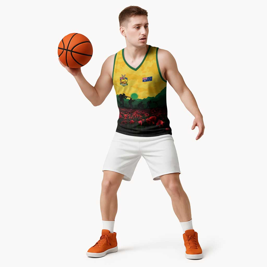 Personalized Australian Jackaroos ANZAC Basketball Jersey Poppy Field Soldiers Silhouette Sunset Commemorative Design